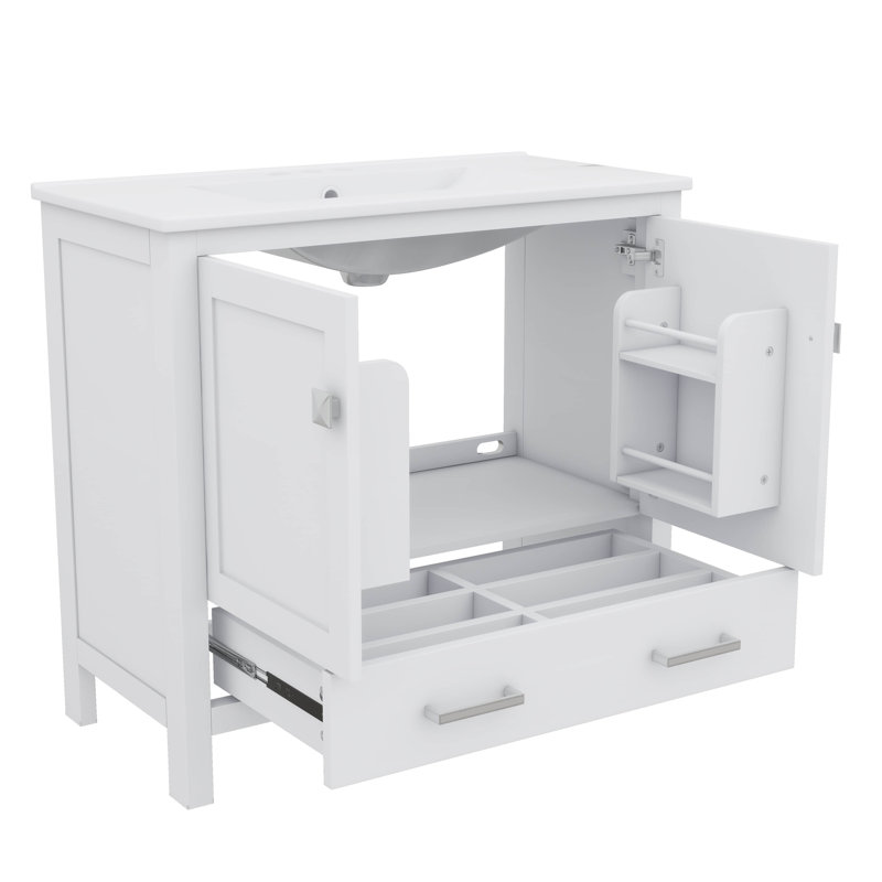 36" Bathroom Vanity With Sink, Modern Single Bathroom Vanity With Divided Drawer, Soft-Close Doors & Storage Racks, Solid Wood Freestanding Bathroom Cabinet