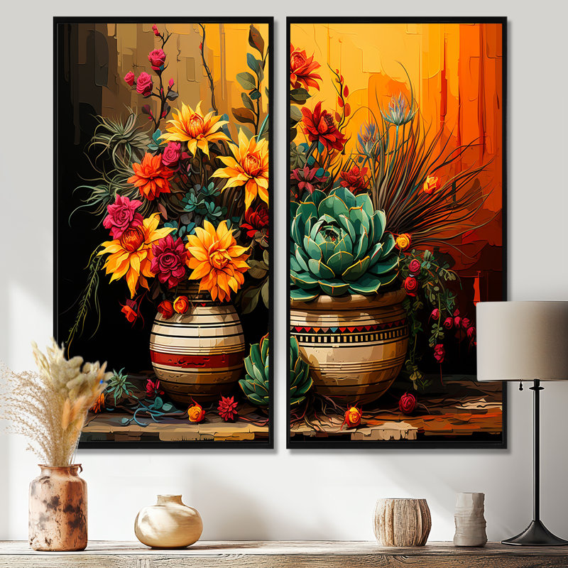 Boho, poterie florale mexicaine - impressions géométriques sur poterie, 20" H x 24" W, Framed Print without Mat, Black