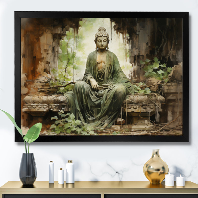 Thailande, ruines de Bouddha, art mural, Cadre simple noir, H 12 po x l 20 po x P 1 po