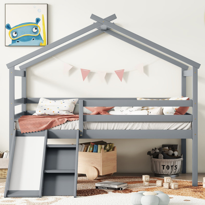 Auvil Twin Low Loft House Bed with Slide, Ladder, Safety Guardrails,, Gray
