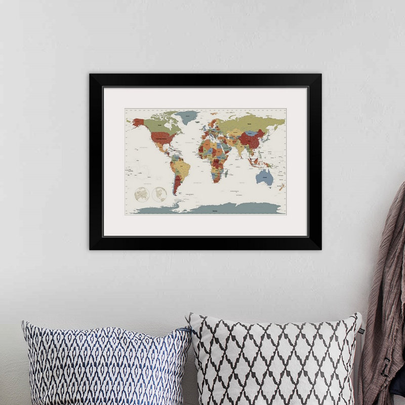 «World Map», impression par Michael Tompsett, H 20 po x l 26 po x P 1 po, Cadre noir