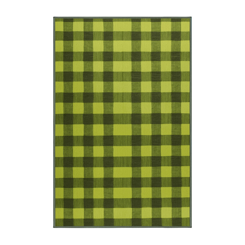 Machine Washable Checkered Green Area Rug, Runner 2' x 4'