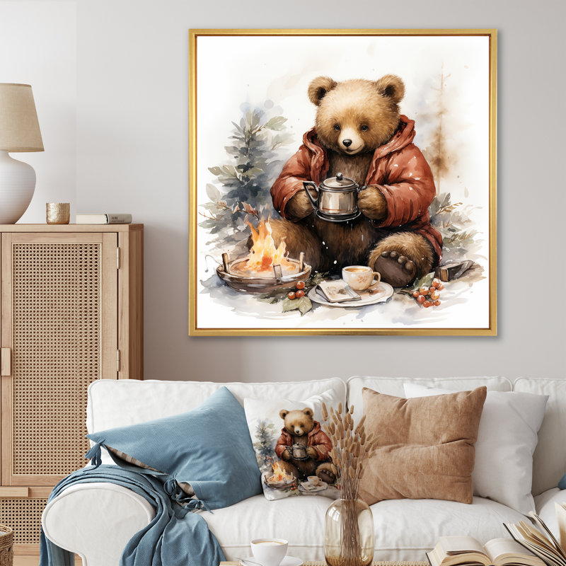 Hiver chambre de bébé ours en peluche I - Art mural ours en peluche, Cadre flottant doré, 30" H x 30" W