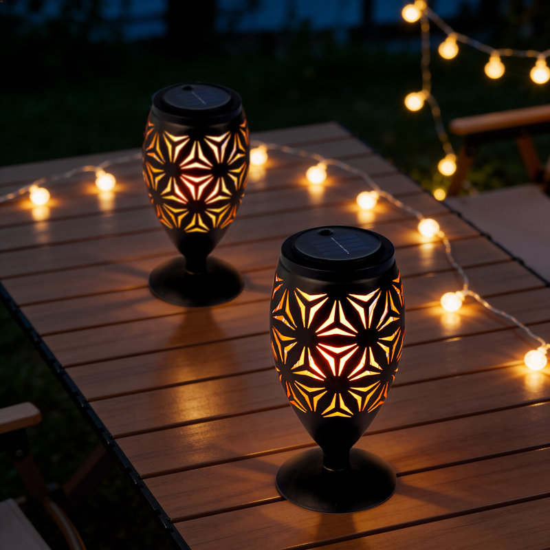 8.75"H Black Metal Cutout Geometric Pattern Solar Powered Outdoor Lantern With LED Light, Geometric star