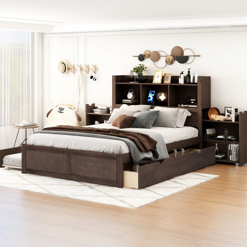 Lit double avec tablettes coulissantes, 2 tiroirs et lit gigogne simple