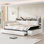 Lit de jour simple rembourré avec repose-pieds et tablettes, avec couchette, charge USB et lumière DEL, beige