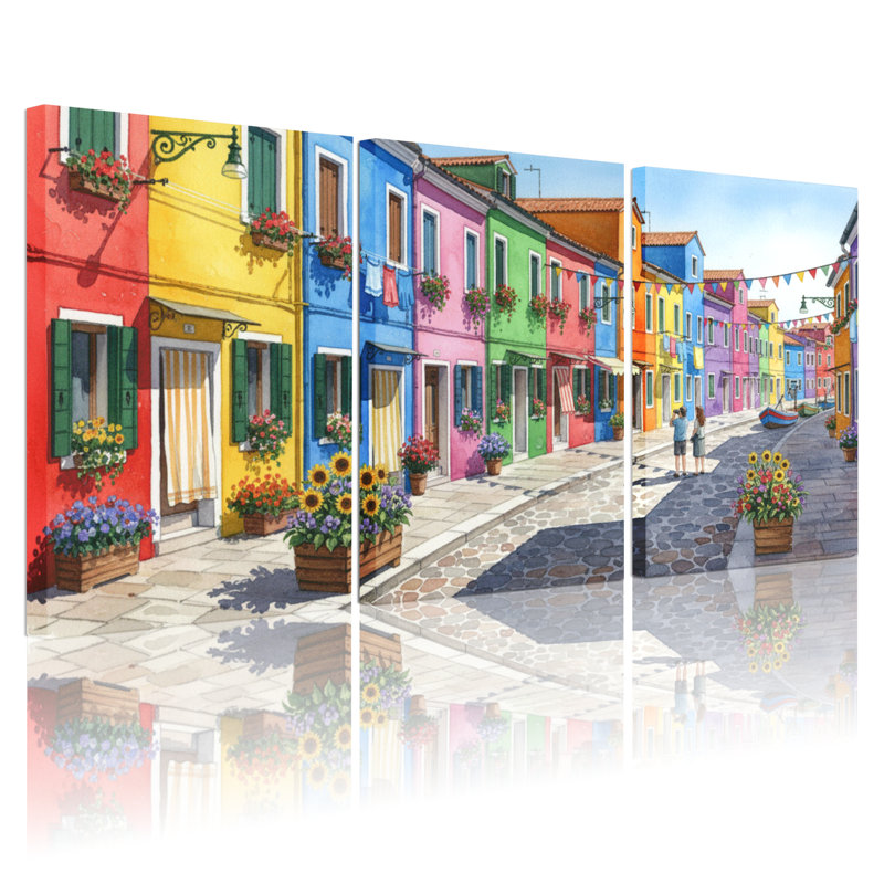 Ensemble de 3 impressions sur toile, maisons de rue colorées avec fleurs et drapeaux, H 36 po x l 72 po