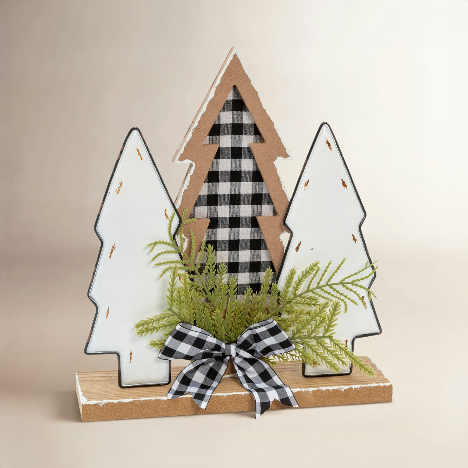 Rustic Wood Holiday Trees with Pine & Bow 12"H