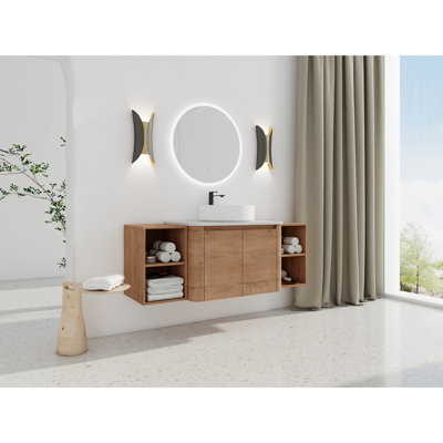 54'' Bathroom Vanity With Ceramic Art Sink, 2 Storage Shelves And Soft-close Doors, Plywood, White Stone Slab, Long-lasting Sink Featuring Shelves, Doors In Modern Style, 45 Hidden Handles For Easy