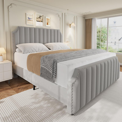 Queen Size Velvet Bed Frame, 50.2 in Tall Headboard & Footboard, Upholstered Platform Queen Bed Frame with Nailhead Trim, No Box Spring Needed, Noise Free, Solid Wooden Slats, Grey