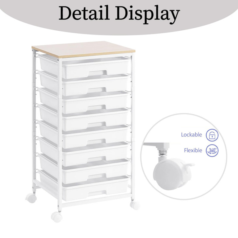 Chariot de rangement roulant avec tiroirs et plateau de table en bois, armoire de rangement de bureau, White