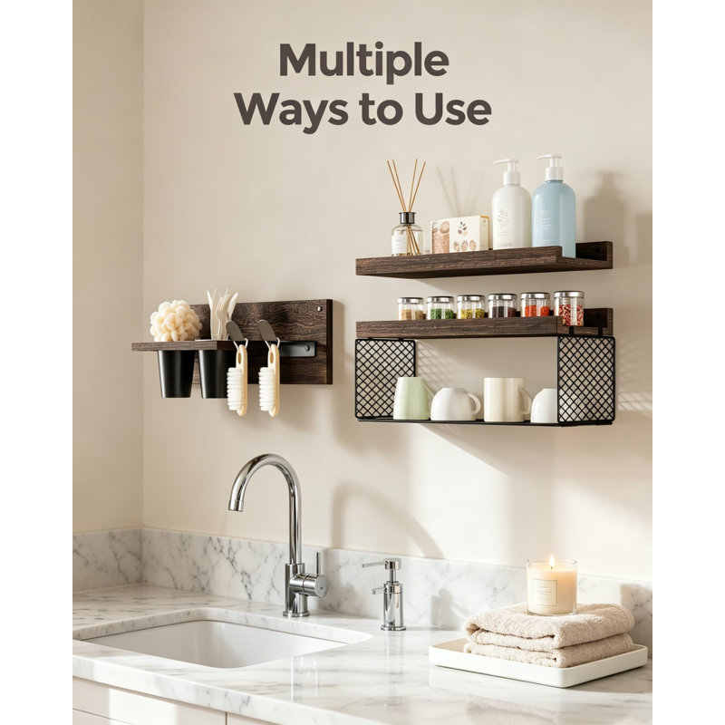 Étagères de salle de bain flottantes avec support pour sèche-cheveux, ensemble de rangement mural en bois rustique à 3 niveaux, support de rangement au-dessus de la toilette pour la salle de bain, brun foncé