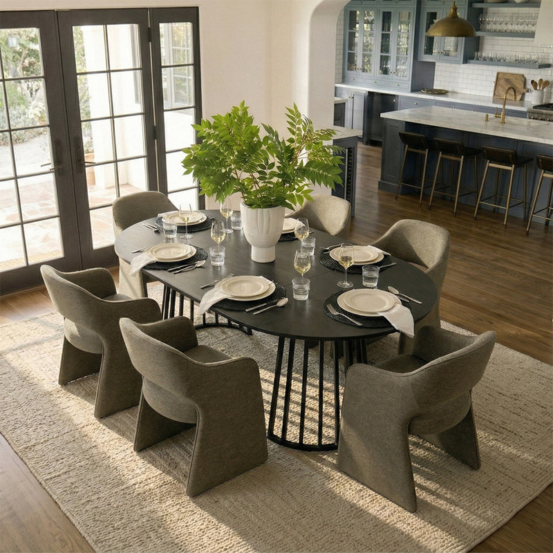 6 - Person Dining Table Sets With Extendable Table & 6 Upholstered Waterproof Chairs, Olive Green