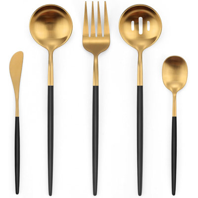 Stainless Steel Serving Utensils Set - 5 Pieces With Spoons, Fork, Knife
