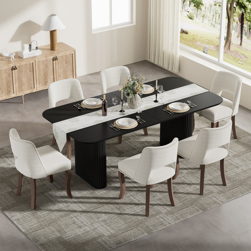 Ensemble de salle à manger rectangulaire moderne à double caisson avec chaise en bois Modern Farmhouse, Noir, Beige