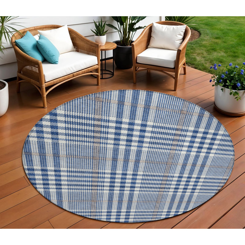 Tapis rond lavable à carreaux bleu marine 8 pi