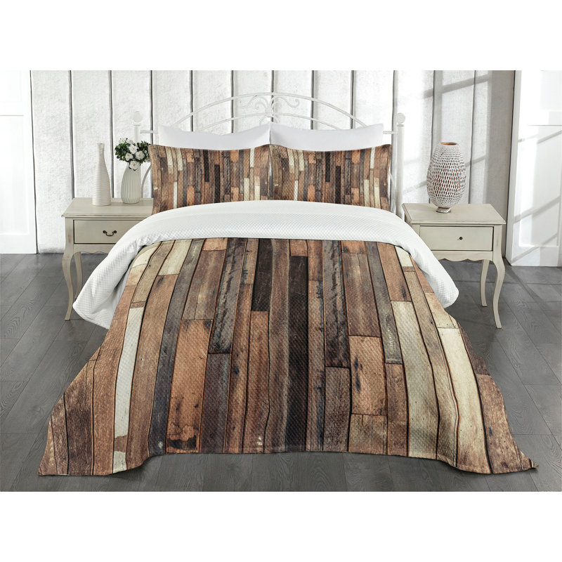 Ambesonne Wooden Print Bedspread Set Old Floor Rustic Style Brown, King Bedspread + 2 Standard Shams