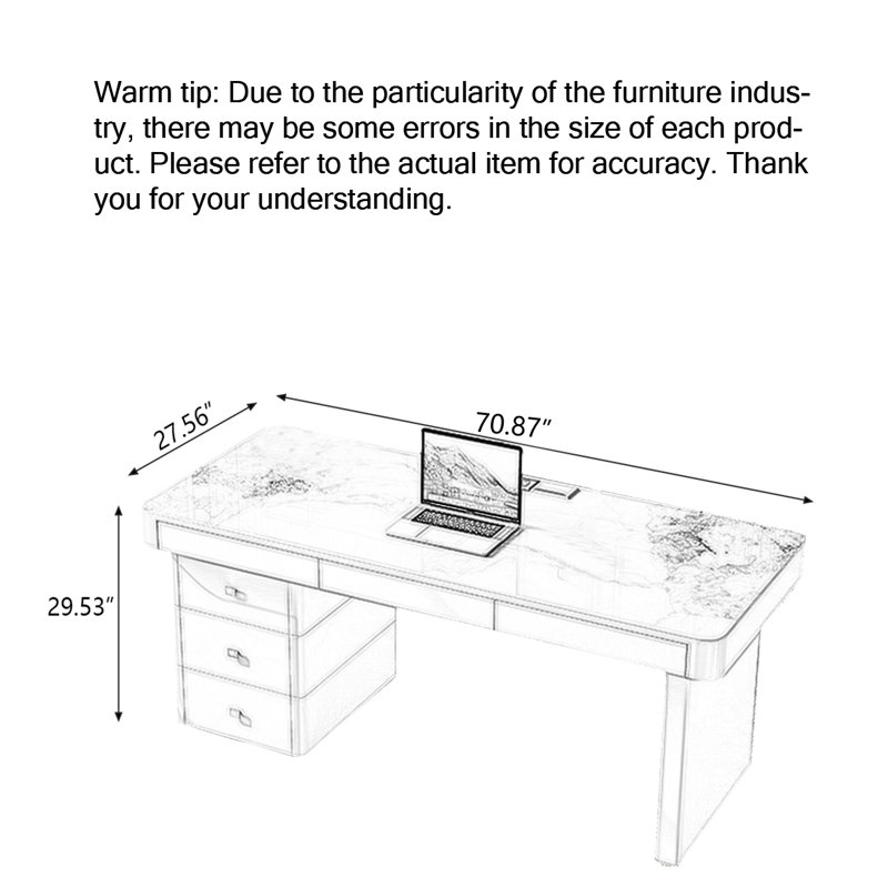Bureau moderne en pierre frittée avec tiroir, H 29,53 po x l 70,87 po x P 27,56 po