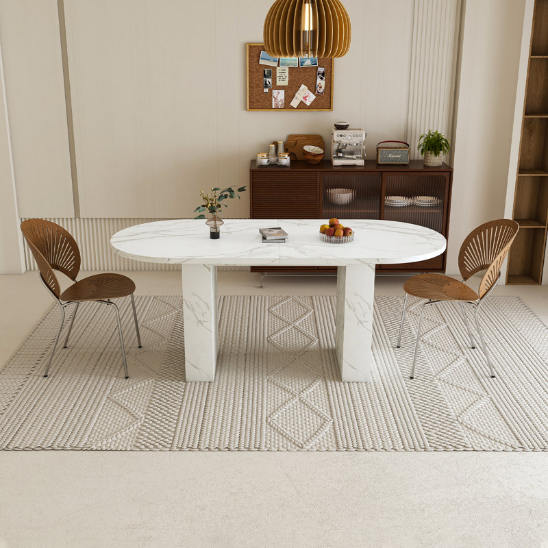 Table de salle à manger de ferme 63 po avec base en bois, table de cuisine ovale pour 6 personnes, finition naturelle, Blanc