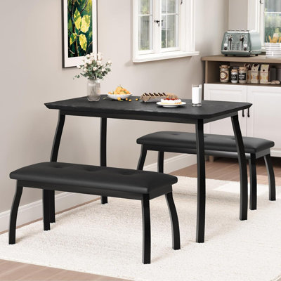 Ensemble de salle à manger 3 pièces rétro - table compacte et 2 bancs rembourrés pour 4 personnes