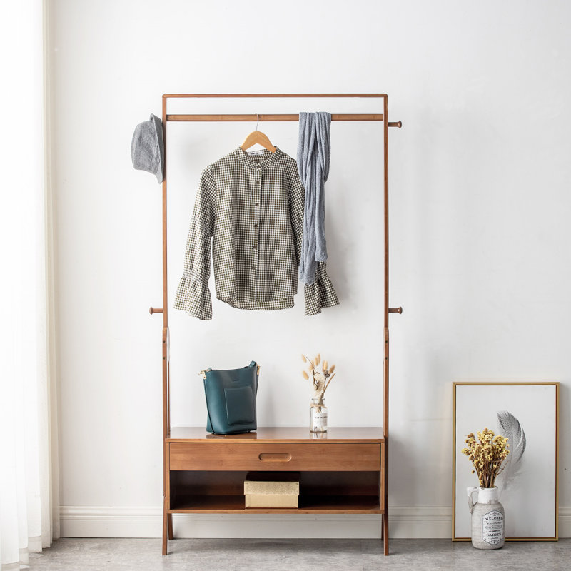 32.9" Clothes Rack Storage Shelves Bamboo Garment Hanging Closet Systems with Mirror, 66.5" H x 32.9" W x 13" D
