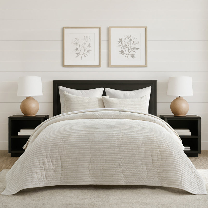 Luxe Velvet Channel Quilt Set, Ivory White, California King