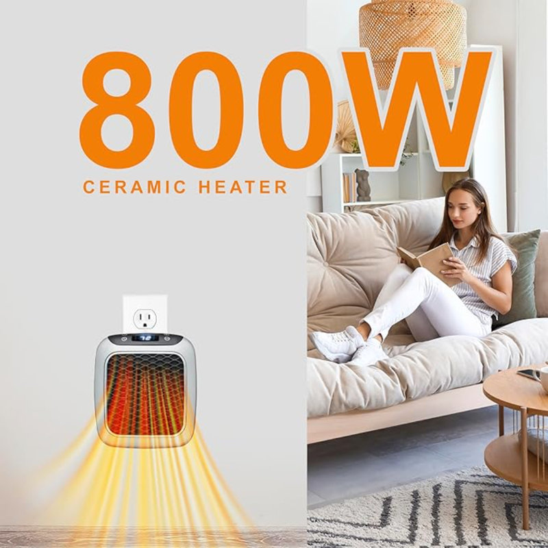 Ontel Handy Heater Turbo Heat 800W Wall Outlet Small Space Heater With Adjustable Thermostat, Programmable 12-Hour Timer, Auto Shut Off - Quiet  Space-Saving Ceramic Mini Heater (Packaging May Vary)
