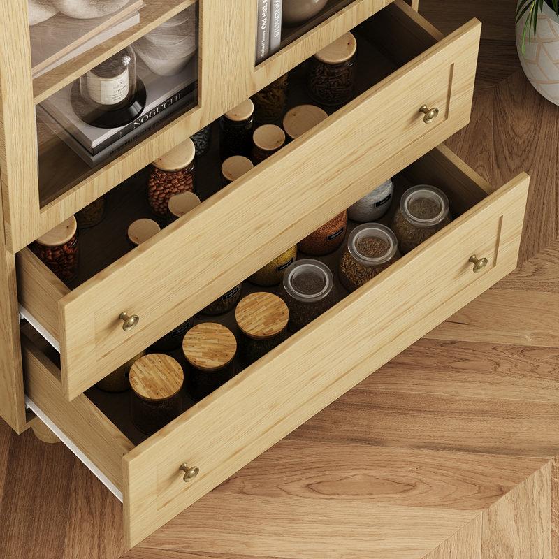 70.9" Tall Arched Storage Display Cabinet Bookshelf, Bookcase with Tempered Glass Door  & 2 Drawer, Natural Oak