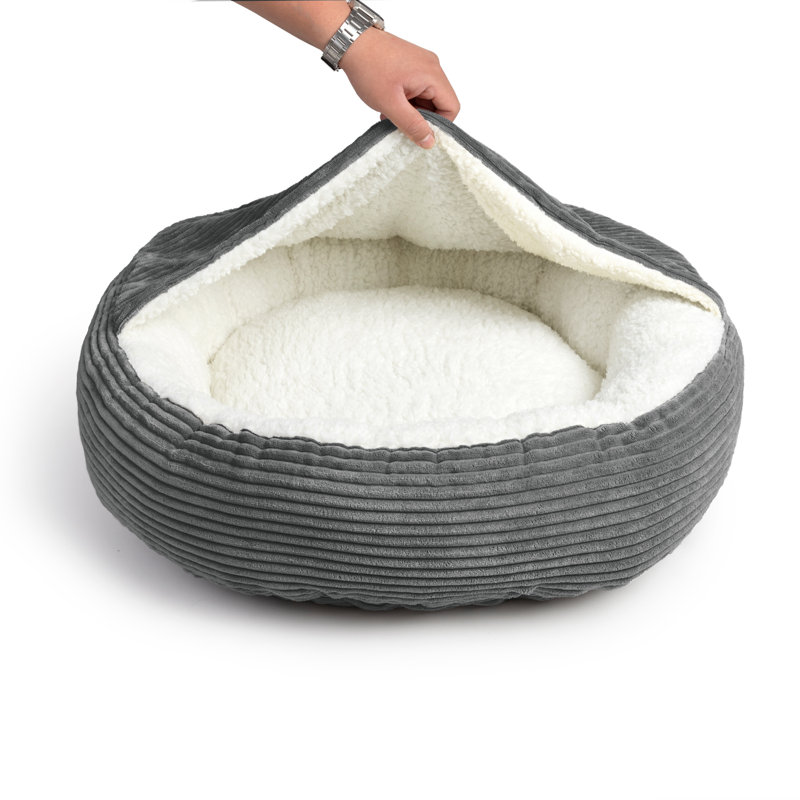 Lit rond rond avec capuche en velours côtelé, H 3 po x l 21 po x P 21 po, Gris foncé