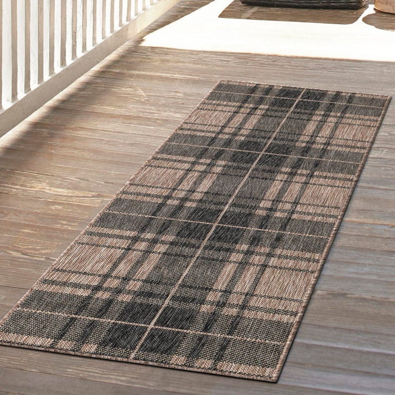 Tatasha Plaid Power Loom Polypropylene Plastic Indoor/Outdoor Area Rug in Black/Brown, Runner 2' x 5'1"