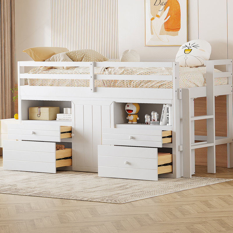 Lit mezzanine avec 4 tiroirs Kellsey, Blanc