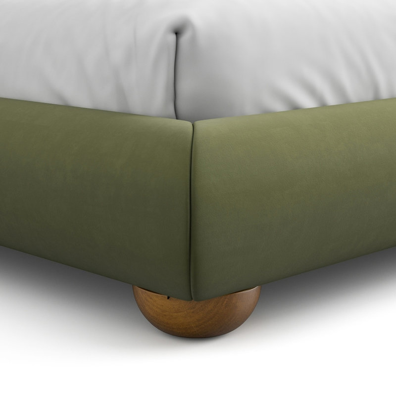 Lit olive contemporain, très grand lit oriental, revêtement bouclé et velours, bois d'ingénierie en bois massif, structure à profil bas en bois d'hévéa