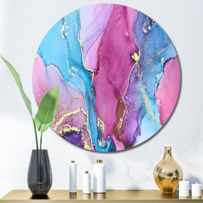 Mauve et turquoise, art abstrait fluide de luxe IV - cercle moderne en métal, art mural