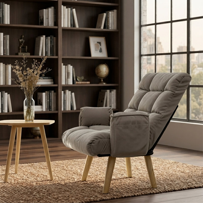 Fauteuil d'appoint pivotant à 360 degrés avec dossier réglable à 3 niveaux et pieds en bois massif