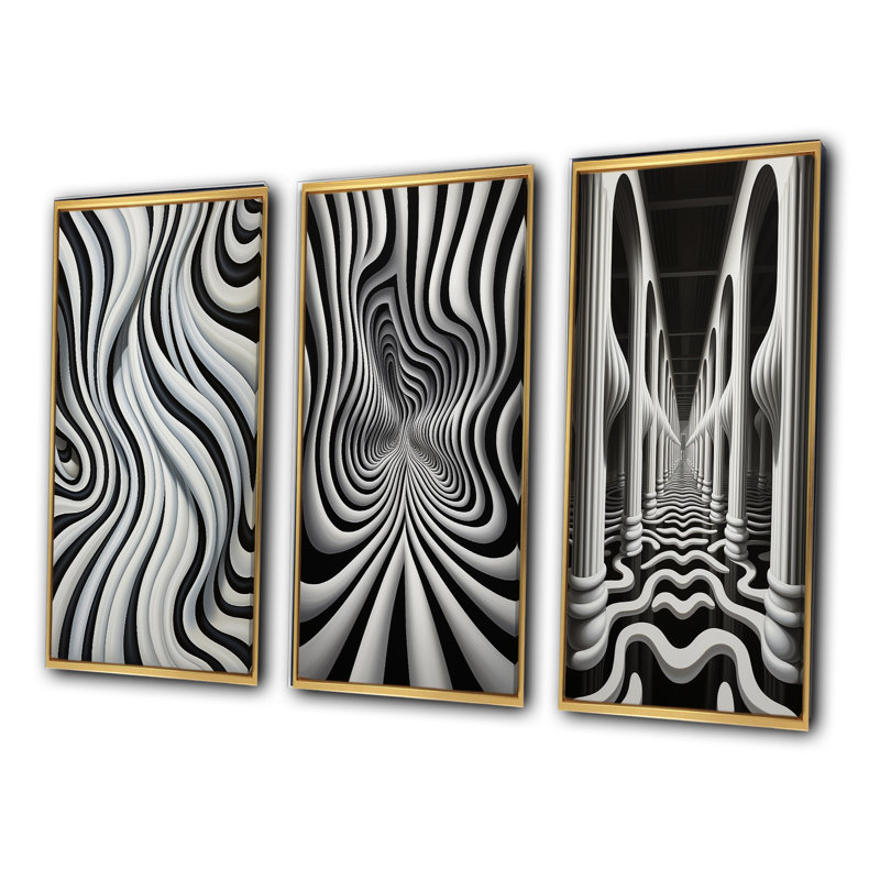 «Black White Optic Art Dream», 3 pièces, H 40 po x l 60 po, Cadre flottant doré