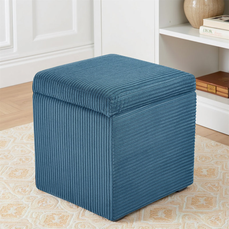 Corduroy Cube Ottoman Foot Rest With Hidden Storage – Small Square Storage Ottoman Bench For Bedroom Or Living Room, Blue
