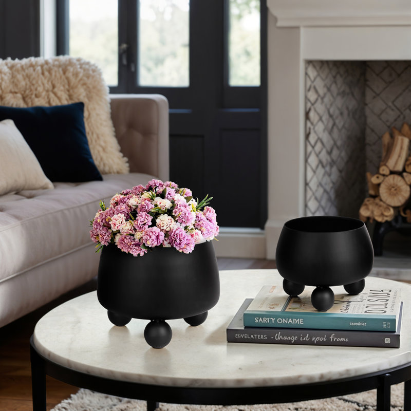 Aedin Set Of 2 9/11" Round Metal Planters With Ball Feet, Black