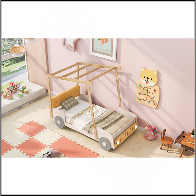 Lit voiture simple en bois avec coussin, toile de plafond et DEL, naturel