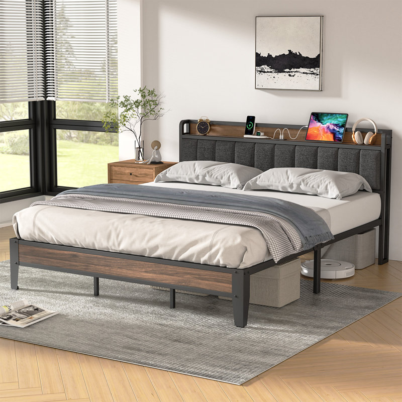 Upholstered Bed Frame with Charging Station and Storage Headboard, Gray, California King