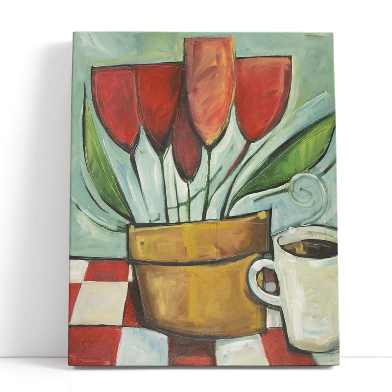 Tulipes et café Reprise - reproduction d'art sur toile, H 20 po x l 16 po