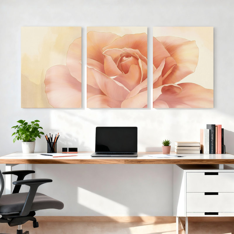 Ensemble de 3 toiles décoratives murales à motifs floraux de roses pêche, pour salon, chambre à coucher et décoration intérieure.