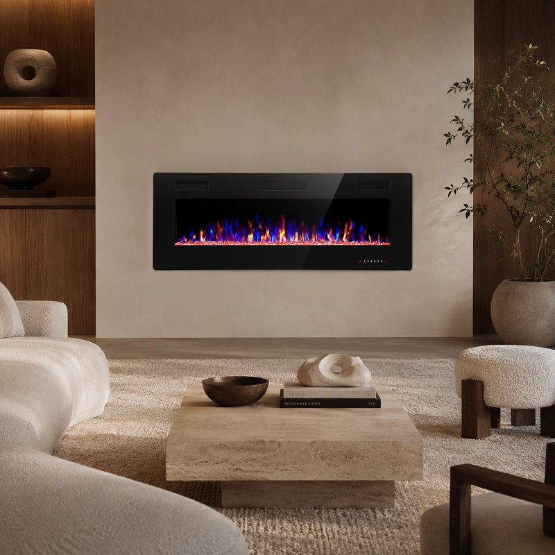 Chaufferette électrique murale encastrée / semi-encastrée de 50 pouces avec flamme DEL réaliste à 3 côtés, 12 couleurs de flamme et 12 couleurs de lit Ember, 750 W / 1 500 W, télécommande, pour le salon, la chambre à coucher
