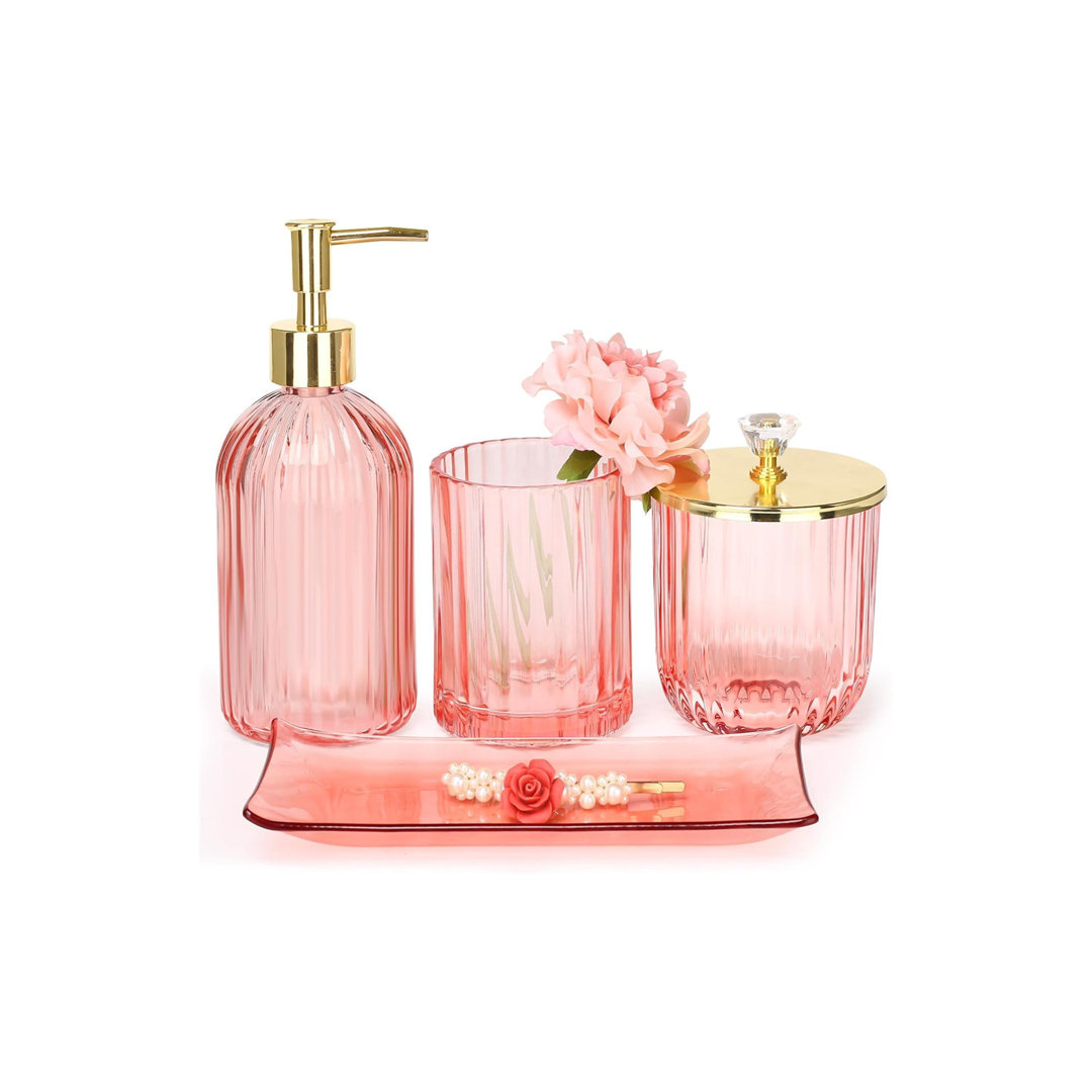 4 Pcs Modern Glass Bathroom Accessories Set,Gift For Home Apartment,Pink