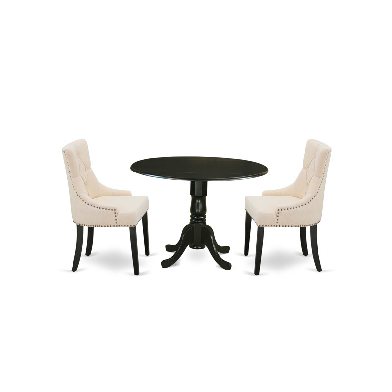 3 Piece Kitchen Table & Chairs Set Contains a Round Dining Table with Dropleaf and 2 Light Beige Linen Fabric Parson Chairs, Black