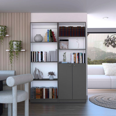 Ensemble de 2 bibliothèques pour la maison de 49 po de largeur avec 9 tablettes, gris mat / blanc