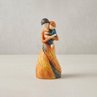 Modern Mother and Child Figurine, Hand-Painted Resin Family Sculpture, Orange Tabletop Décor for Shelf & Living Room