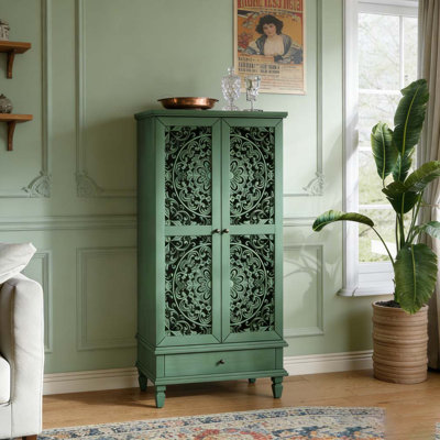 Rustic Storage Cabinet with Drawer Carved Wood Accent Solid Legs by Latitude Run
