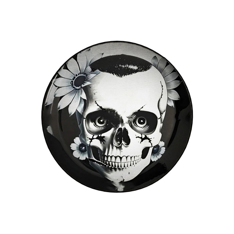 Woven Base Washable Carpet With Skull And Flower Pattern, Round 5'