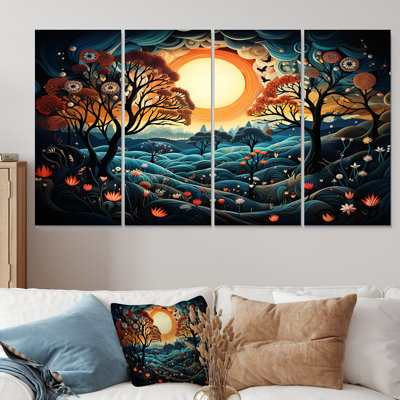 «Blue Horizon Of Heart Trees Landscape II», art mural sur toile 4 pièces