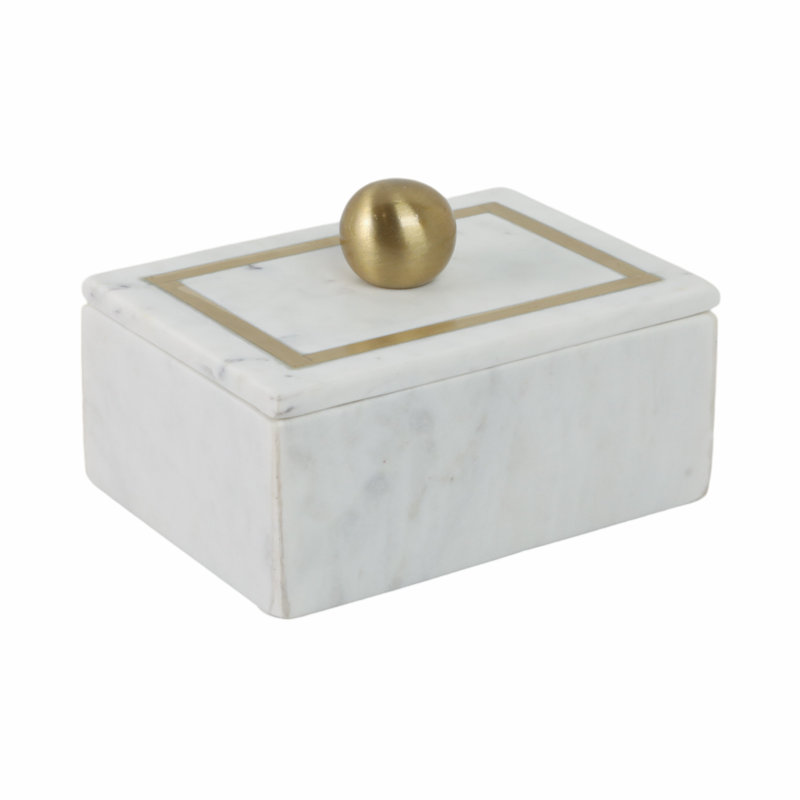 Elegant White Marble 7" x 5" Decorative Storage Box with Gold Knob